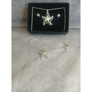 Silver Starfish Jewelry Set Necklace Earrings Bracelet Nautical Coastal Beach